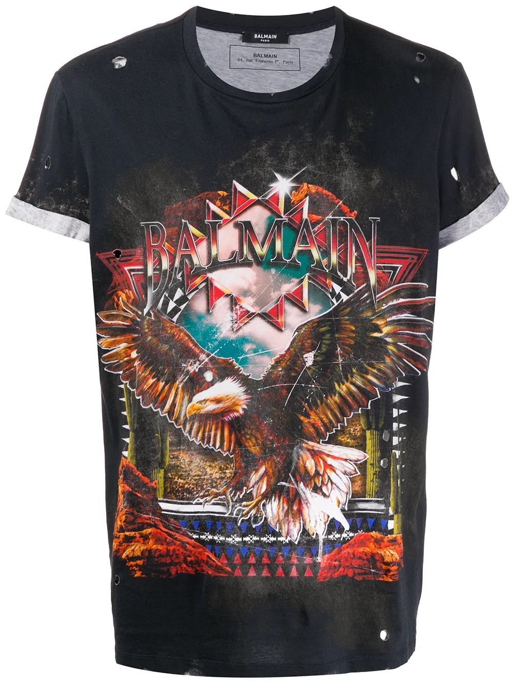 Balmain Black Short Sleeve Tee with Multicolor Eagle Graphic